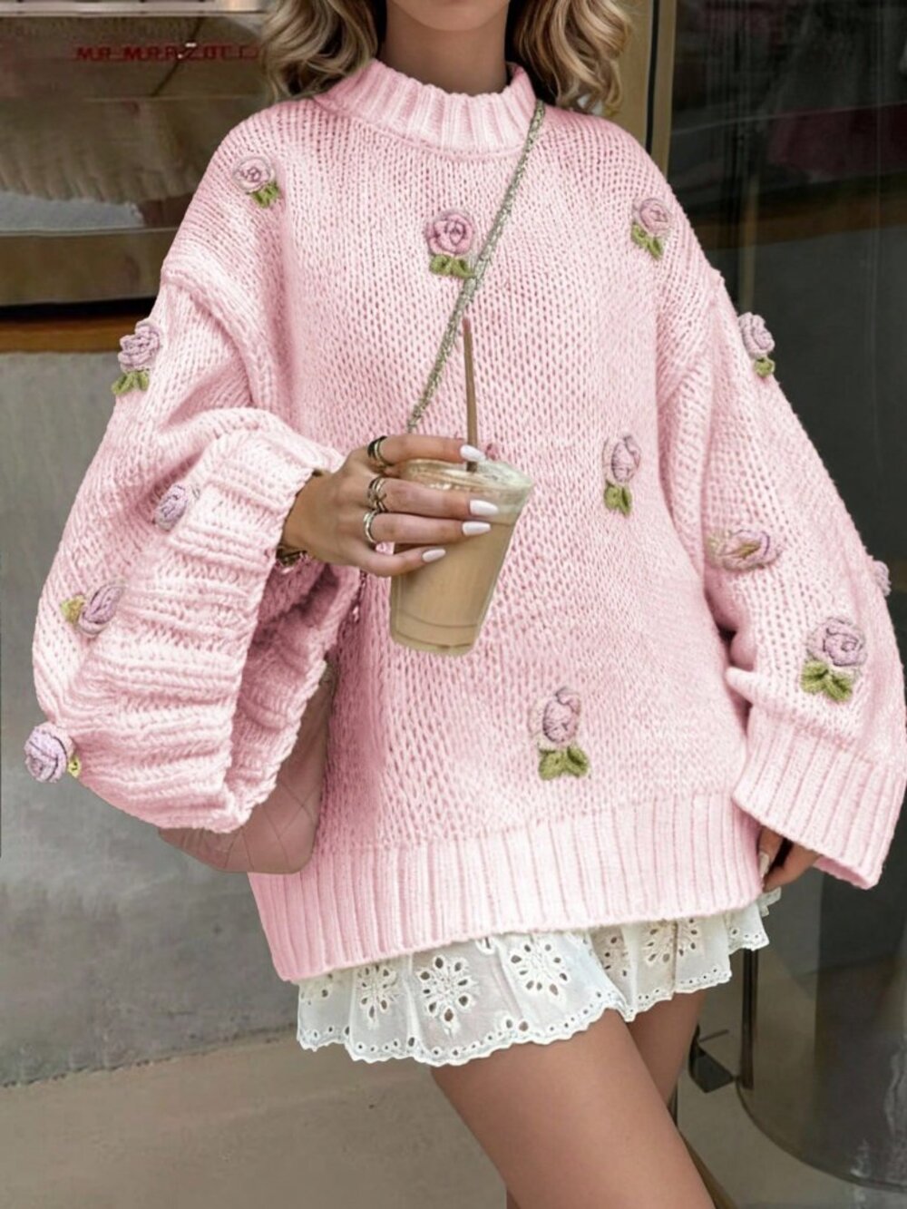 Light Pink Casual Women's Knitted 3d Floral detailed Sweater - Picture 6 of 11